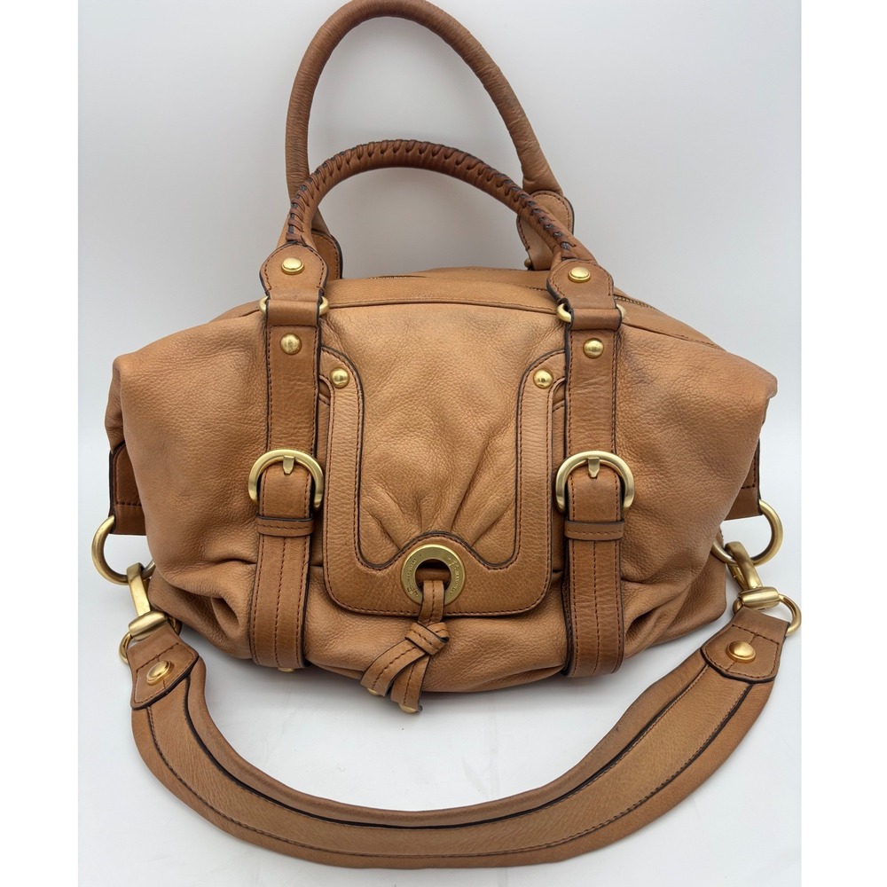 B MAKOWSKY Tan Leather Handbag Satchel Bag Double Handle Boho‎ Slouch Gold Camel